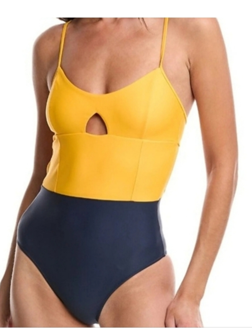 summersalt Swan Dive Yellow and Navy Keyhole Colorblock One-Piece